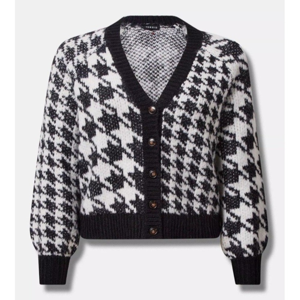 Torrid Black‎ White Houndstooth Cardigan V-Neck Button Front Crop Sweater Size 2